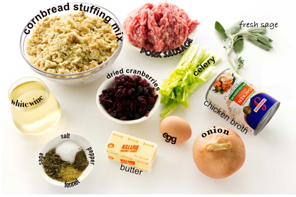 Cornbread stuffing ingredients, including sausage, celery, onion, broth, and spices on white.