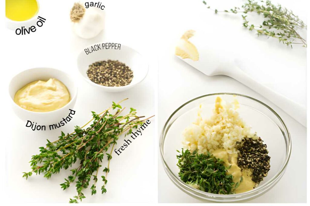 Labeled ingredients and combined mixture in a bowl with white spatula.