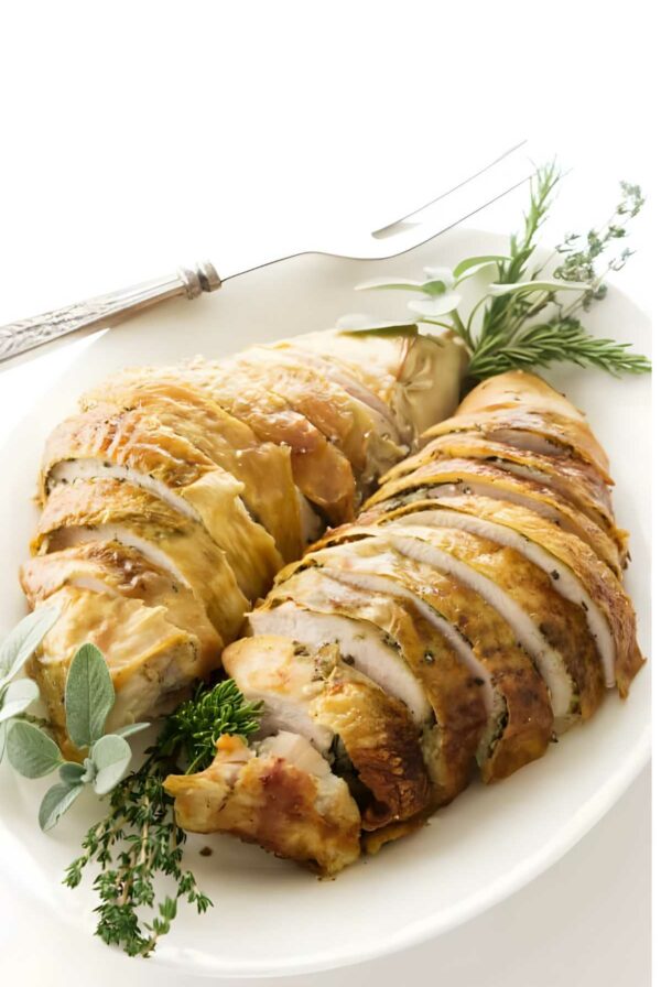 Sliced roasted turkey breast on white platter with fresh herb garnish.