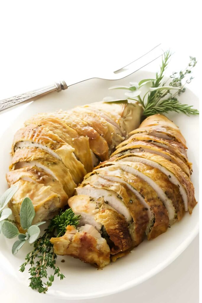 Sliced roasted turkey breast on white platter with fresh herb garnish.