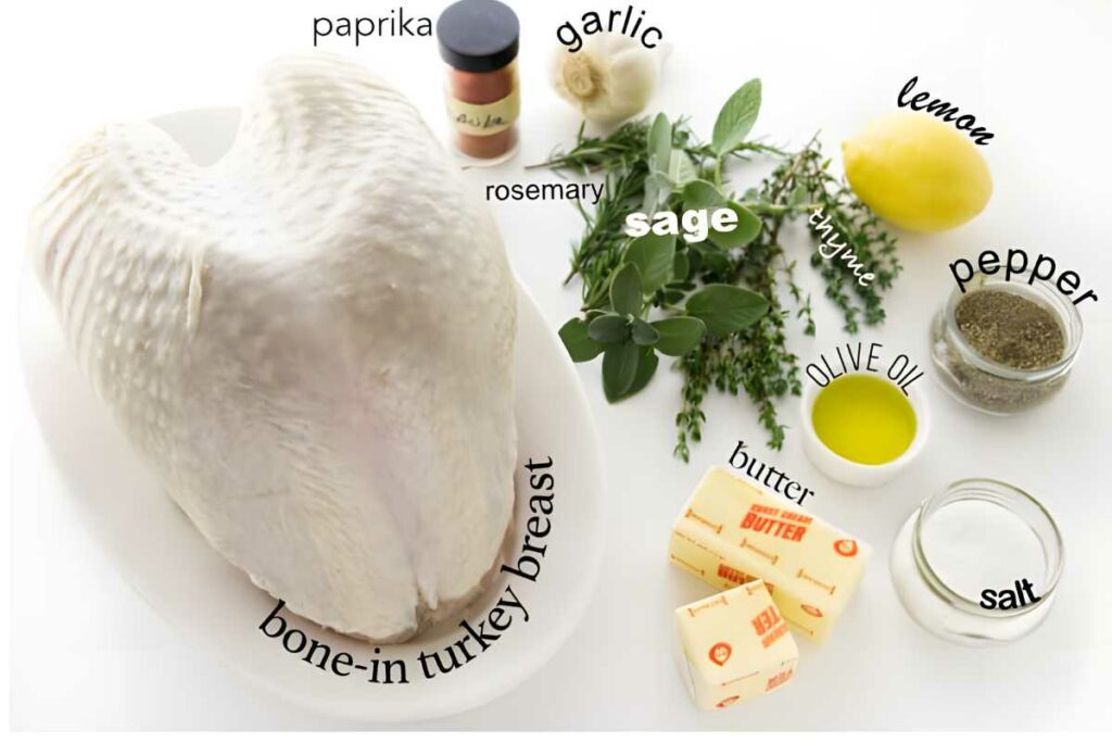 Overhead view of turkey breast and seasonings arranged on a white surface.