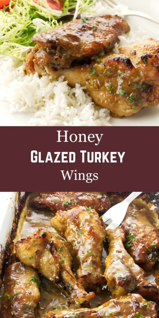 Honey glazed turkey wings served on rice and in a baking dish, with title text.