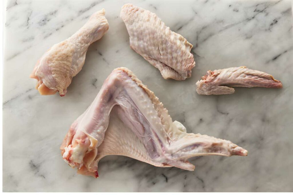 Four raw turkey wing sections on a light marble surface.