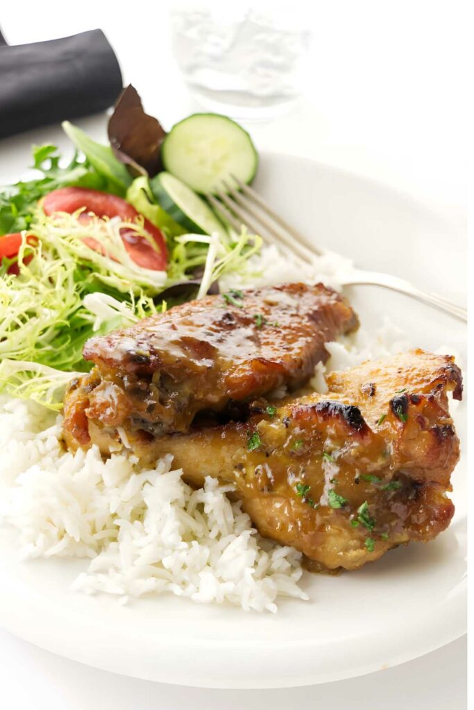 Glazed turkey wings on rice with mixed salad on a white plate.