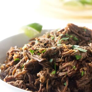Shredded beef topped with cilantro in a white bowl, lime on side.