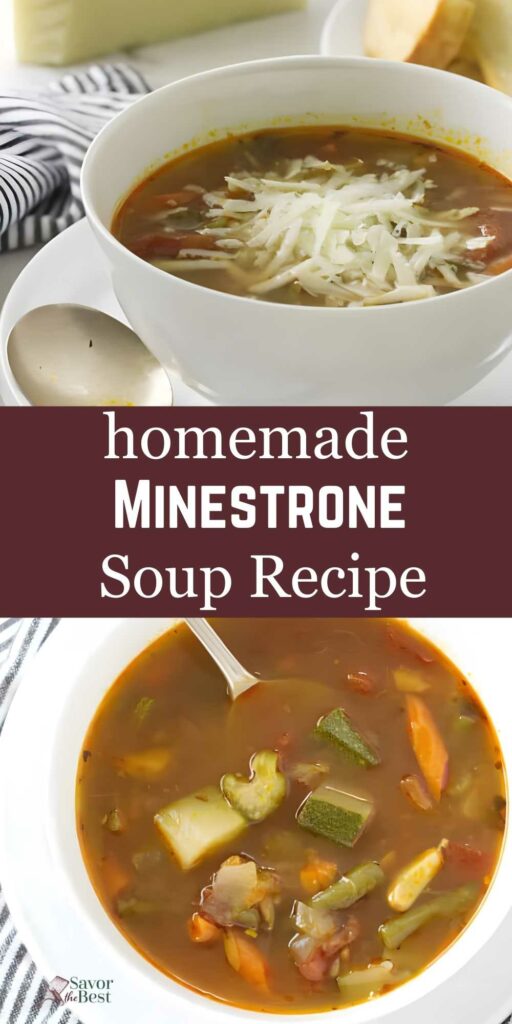 Bowl of minestrone soup with cheese, spoon, close-up, and recipe text.