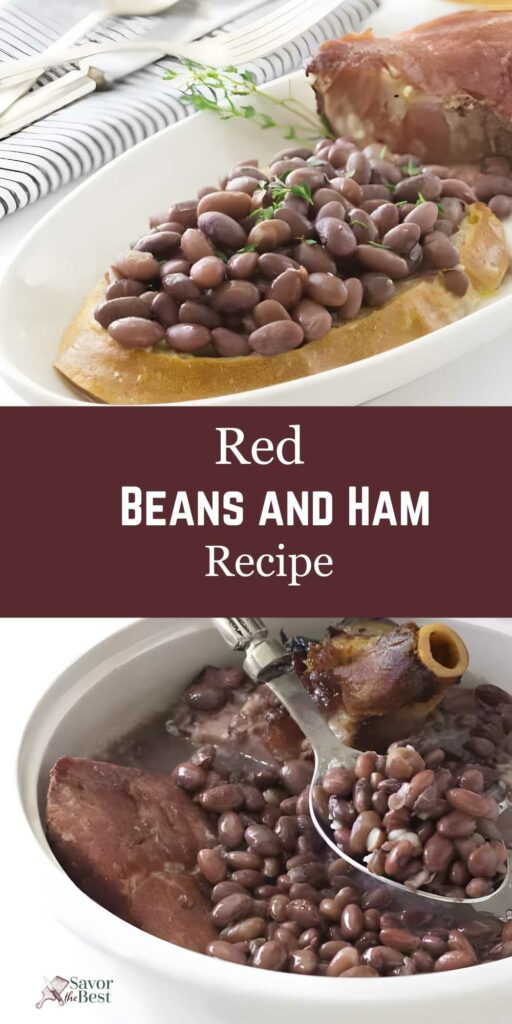 Red beans and ham hock on bread, herbs garnish, recipe title visible.