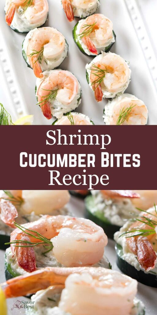Shrimp cucumber bites with dill and creamy spread on a white platter, recipe text.