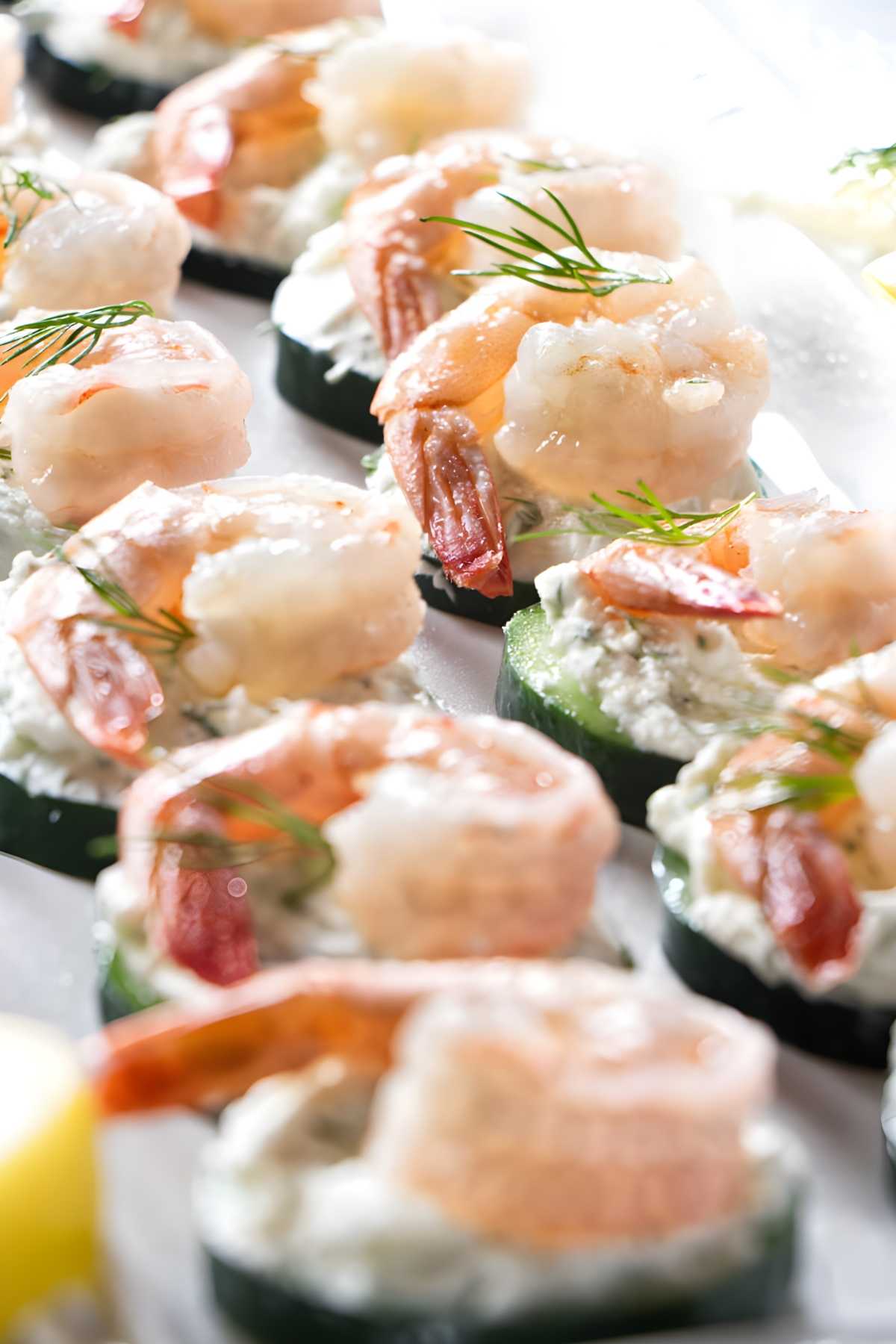 Cucumber slices with cream cheese spread, shrimp, and dill, arranged in rows.