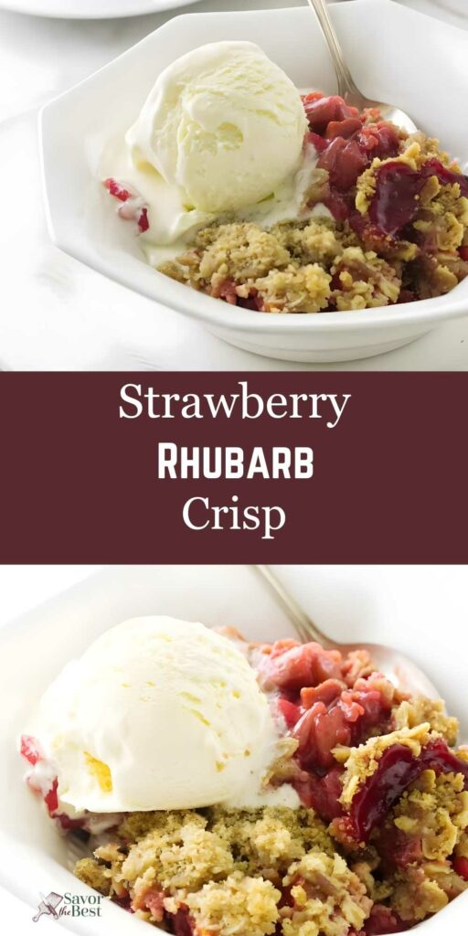Bowl of strawberry rhubarb crisp with vanilla ice cream and a spoon.