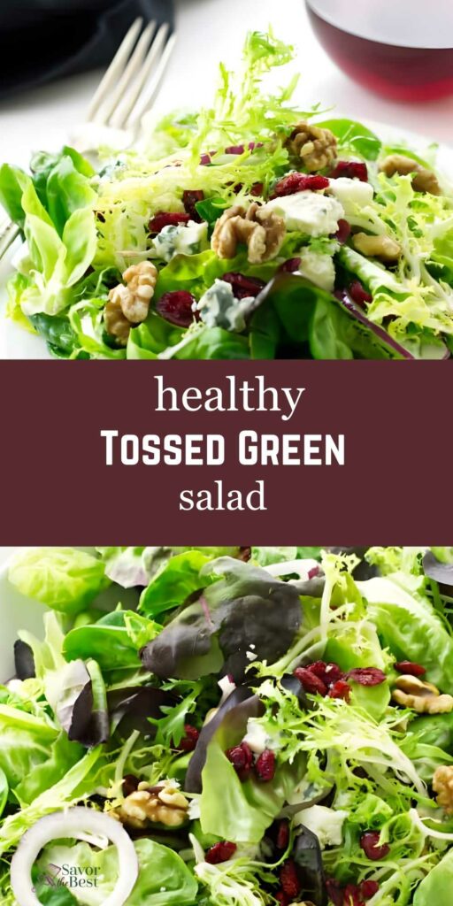 Tossed green salad with walnuts and cheese, glass of red wine behind.