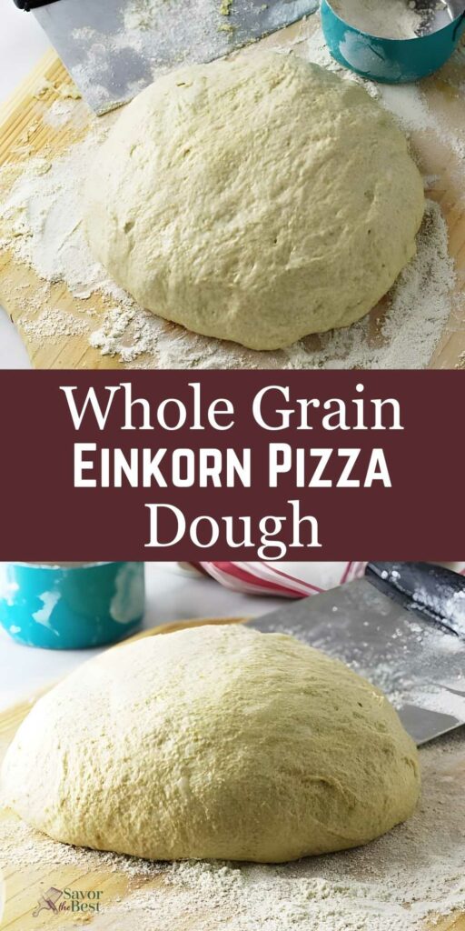 Round mound of pizza dough on floured wood, scraper and blue bowl nearby.