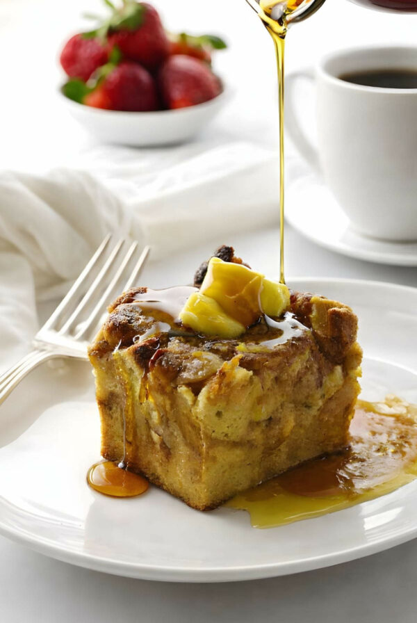 Drizzling syrup over a slice of apple french toast bake next to a cup of coffee.