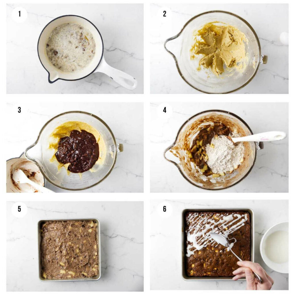 Six photos showing how to make an apple date coffee cake.