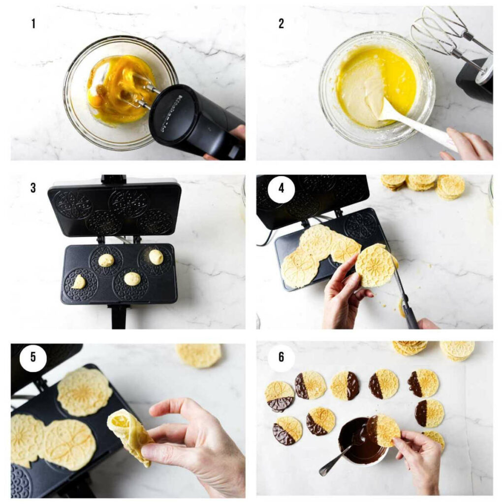 Six photos showing how to make chocolate dipped pizzelle.