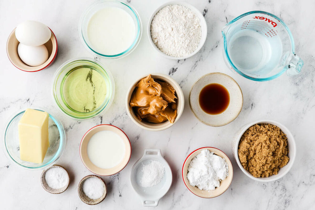 Ingredients used to make peanut butter cake and frosting recipe.