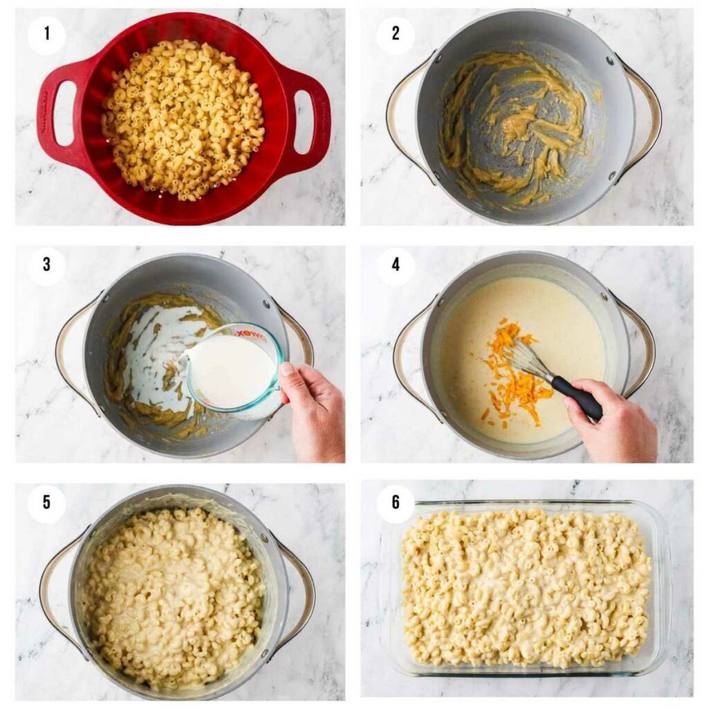 Six photos showing how to make baked mac and cheese with 4 cheeses.