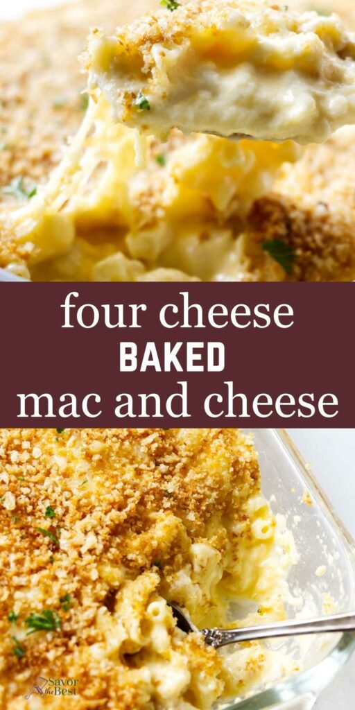A casserole dish filled with baked mac and cheese.