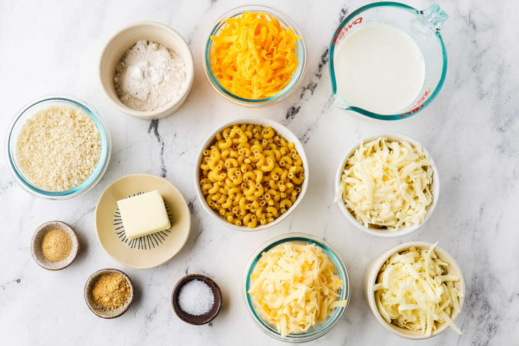The ingredients used to make four cheese mac and cheese.