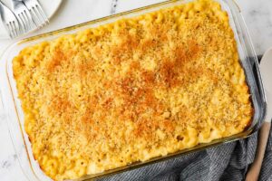 Hot mac and cheese in a large baking dish.