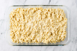 Adding the macaroni and cheese to a 13 x 9 inch baking dish.