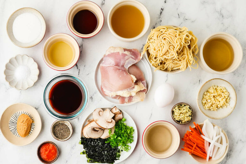 Ingredients used to make homemade chicken ramen.