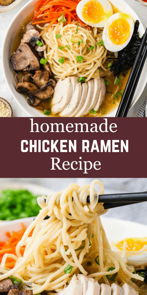 Ramen noodles in a bowl with homemade broth and veggies.