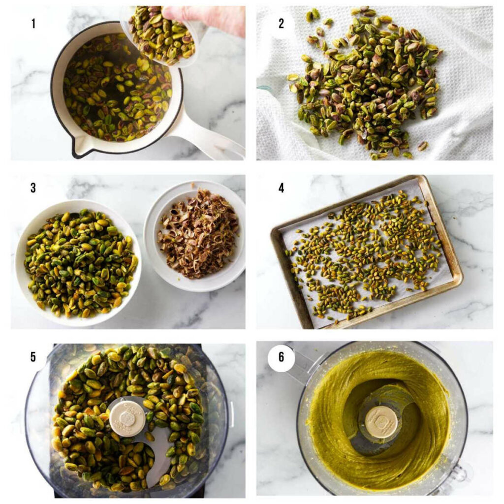 Six photos showing how to make pistachio paste from scratch.