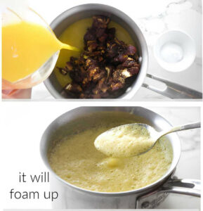 Soaking dates in orange juice and baking soda; mixture foams up.