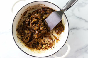 Caramelized onion jam in a skilet.