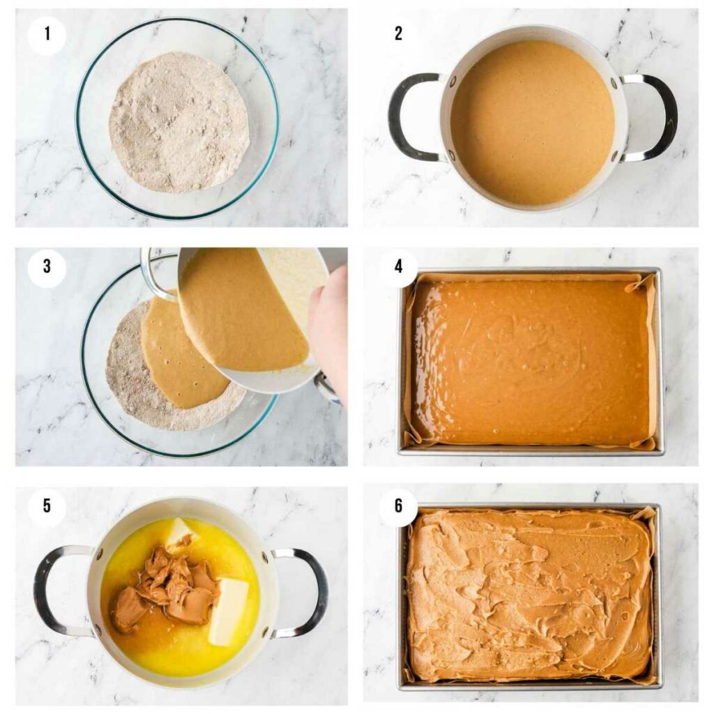 Six process photos showing how to make an old fashioned peanut butter cake recipe.