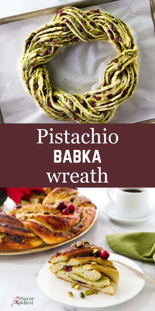 A pistachio babka wreath in front of a cup of coffee.