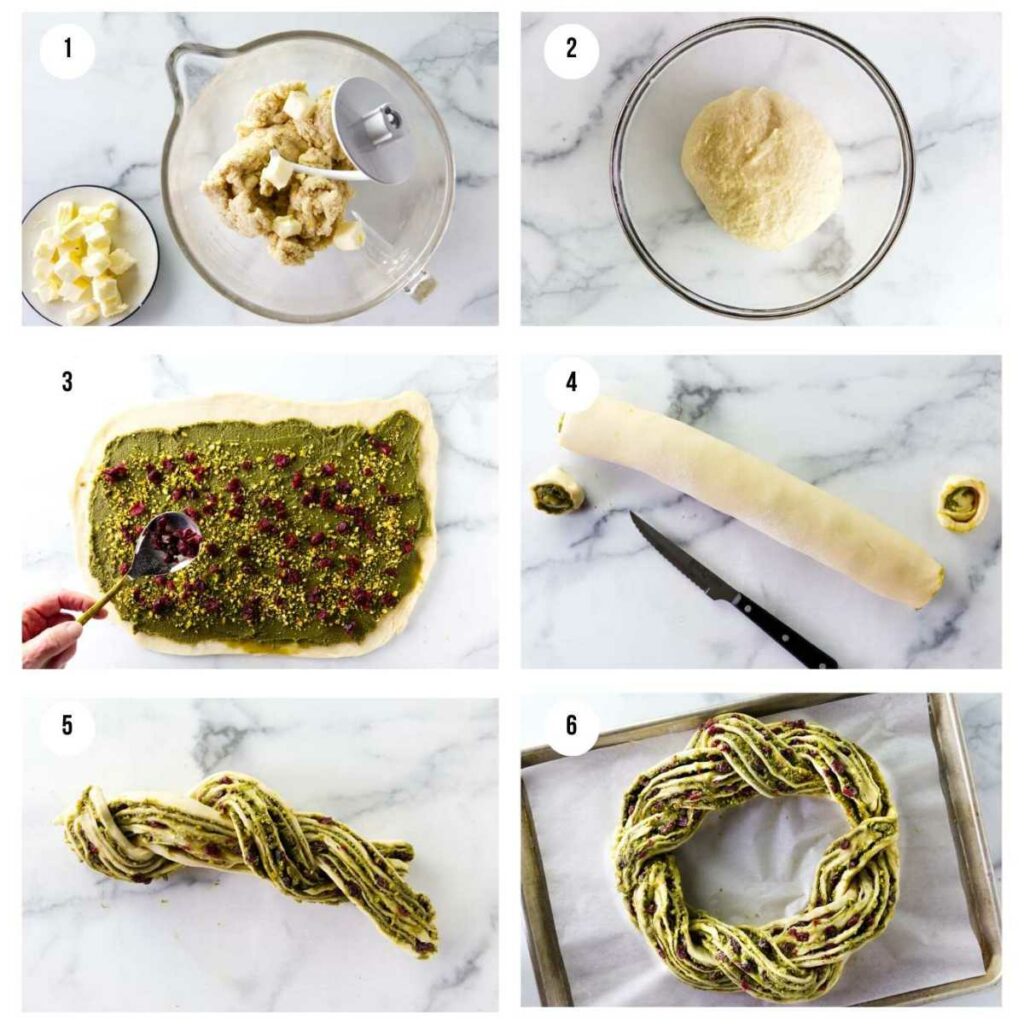 Six photos showing how to make a pistachio babka wreath.