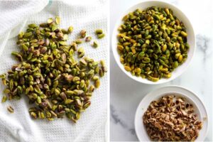 Removing the skins from pistachios.