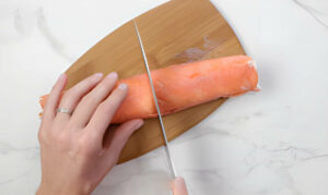 Slicing the log into pinwheels.