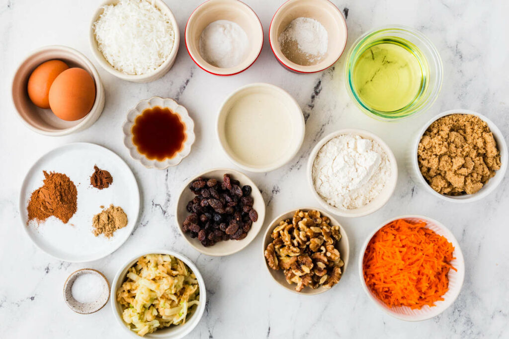 Ingredients used to make sourdough morning glory muffins.