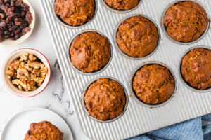 Freshly baked breakfast muffins in a pan.