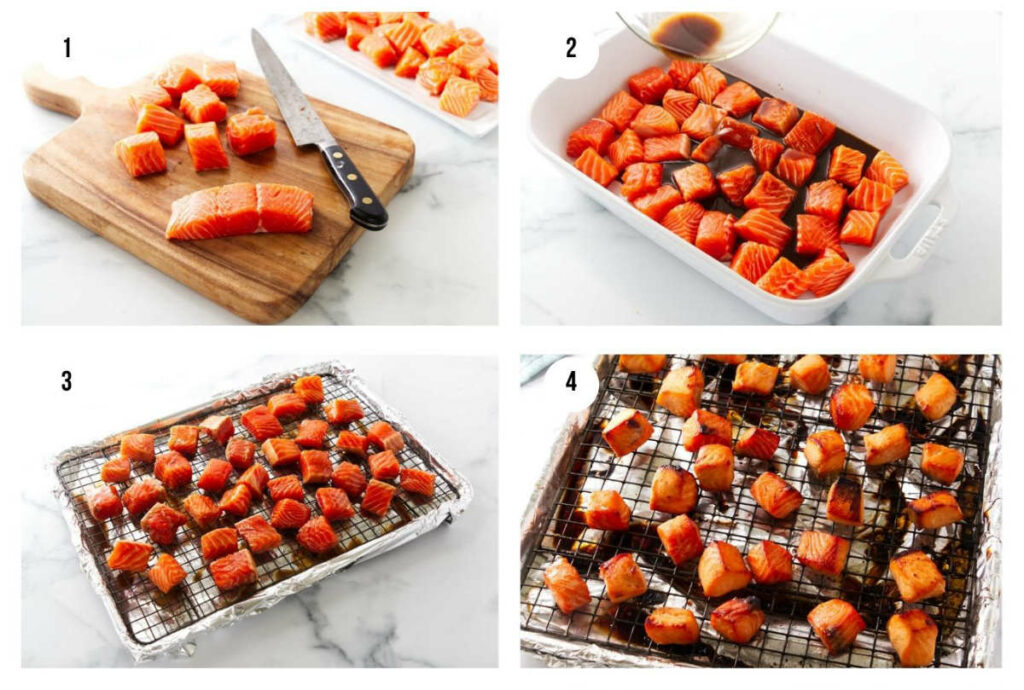 Four photos showing how to make baked salmon bites.