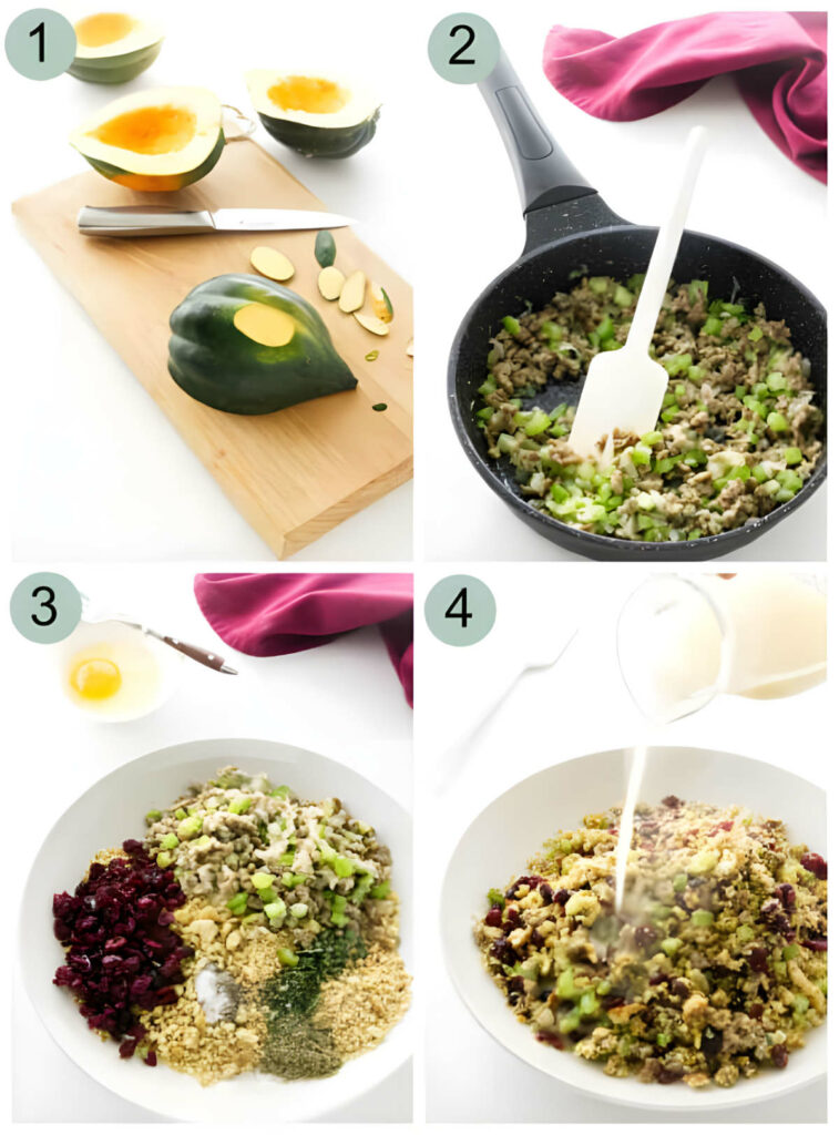 Four photos showing how to make a stuffed acorn squash.