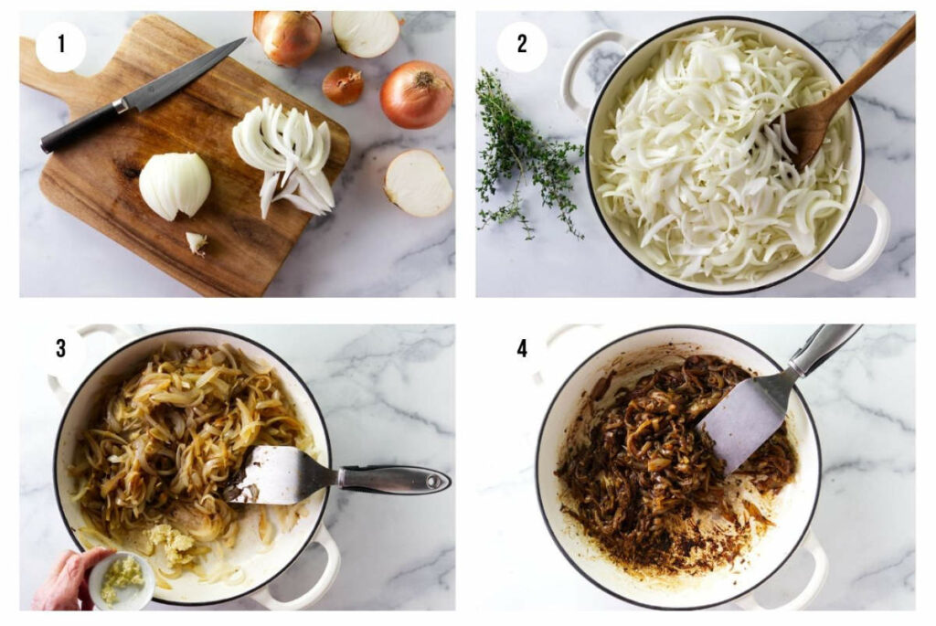 Four photos showing how to make onion marmalade.