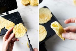 Trimming warm pizzelle cookies and shaping them.