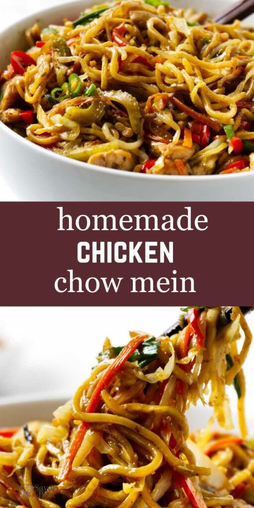 Chicken chow mein in a white bowl.