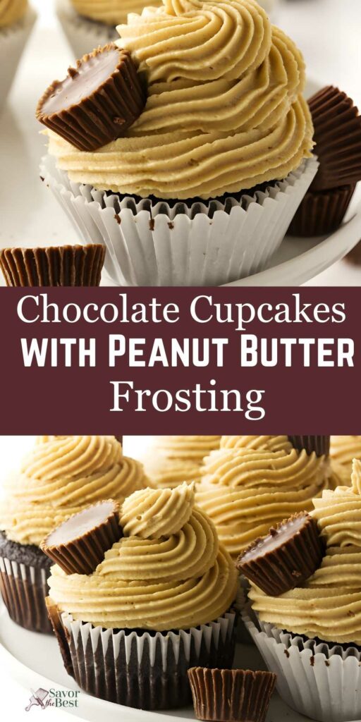 Chocolate cupcakes with peanut butter frosting and mini cups on white plate.