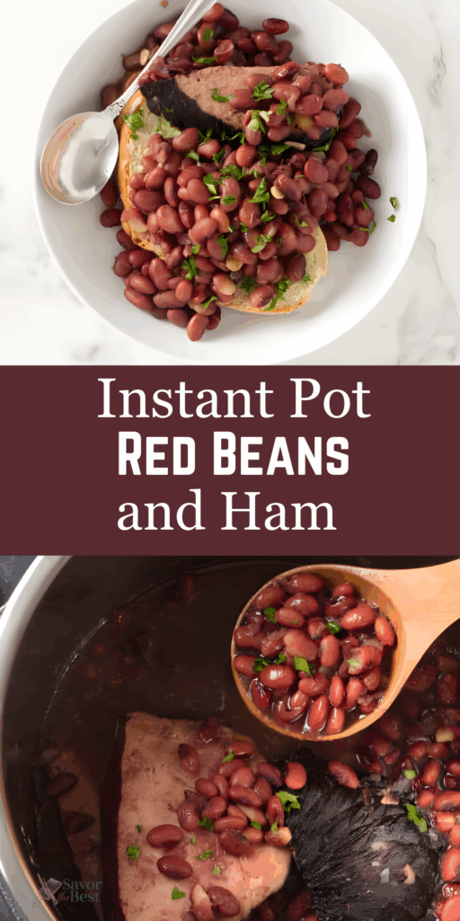 Overhead shot of red beans and ham plated and in Instant Pot, herbs on top.