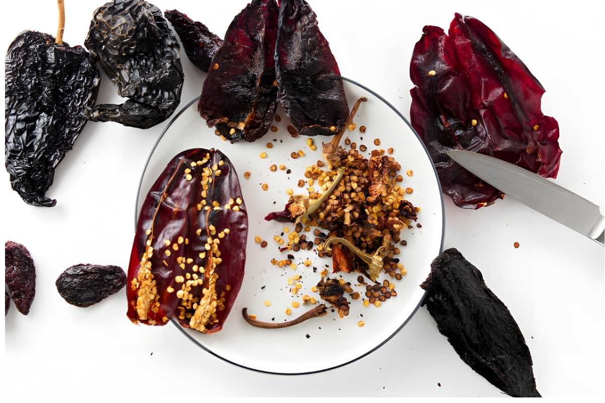 Dried red chiles with seeds removed for mole sauce.