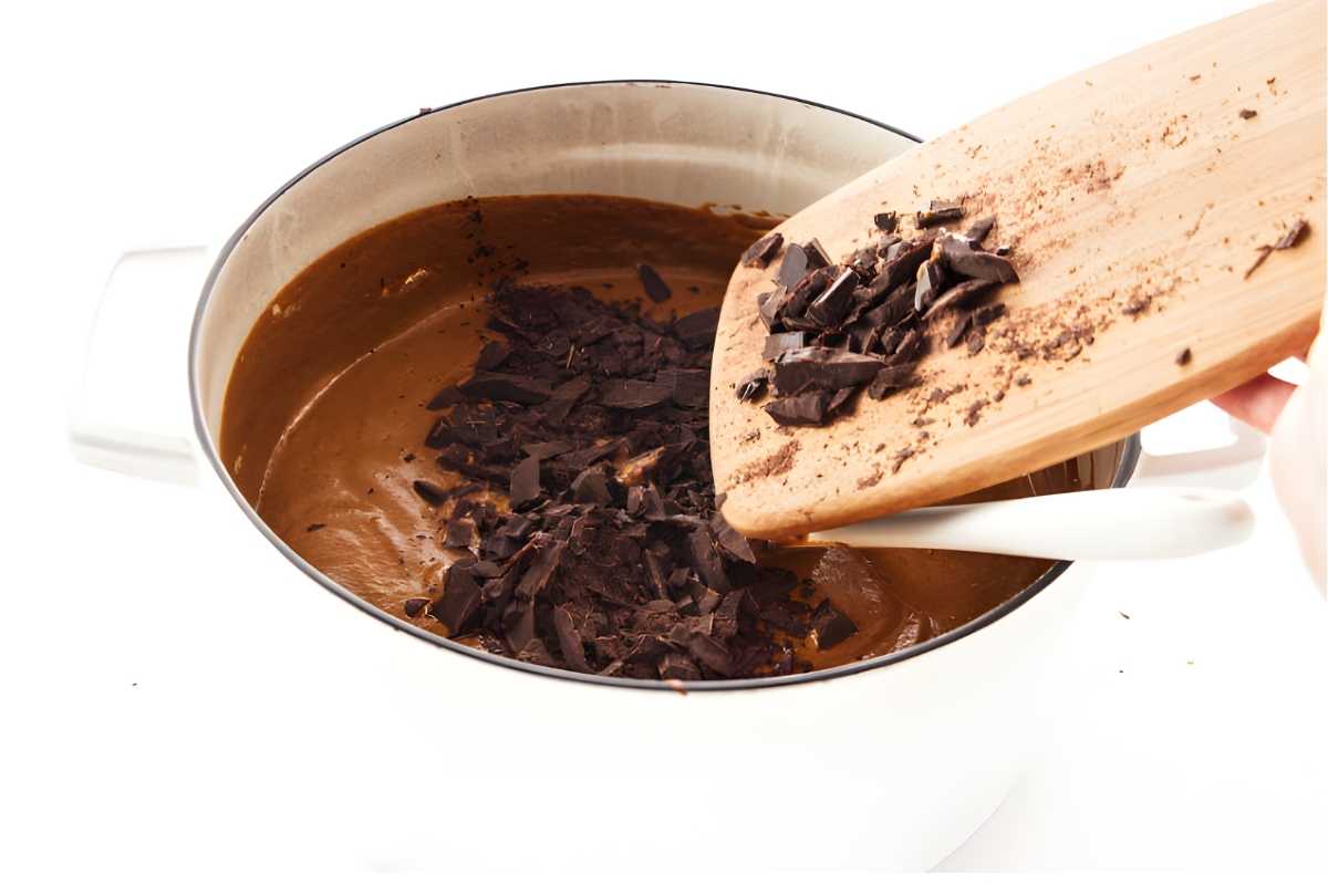 Chopped unsweetened chocolate added to mole sauce at the end.