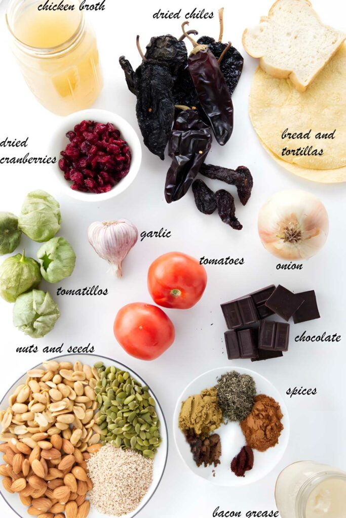 Flat lay of labeled mole sauce ingredients, including chiles, broth, chocolate, nuts, and spices.