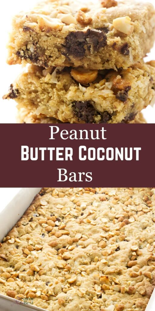 Stacked peanut butter coconut bars with chopped peanuts; pan of bars below; title text overlay.