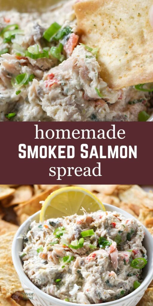 Hand dips cracker into creamy smoked salmon spread with green onions and lemon.