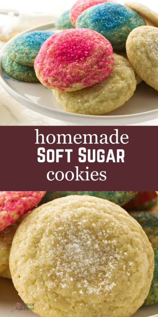 Close-up of homemade sugar cookies with pink and blue sugar, text overlay present.